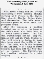 Joe Durrenberger and Maud Young marriage 1917